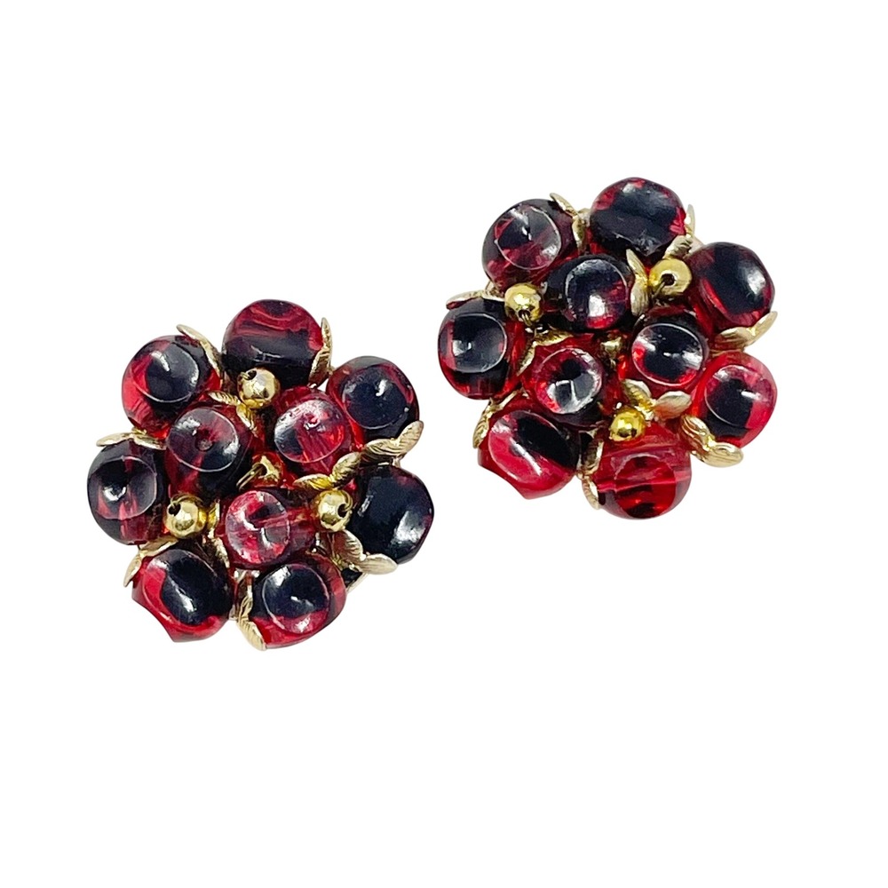 Vintage Hong Kong Clip On Earrings Red Black Glass Bead Cluster 1960s MCM